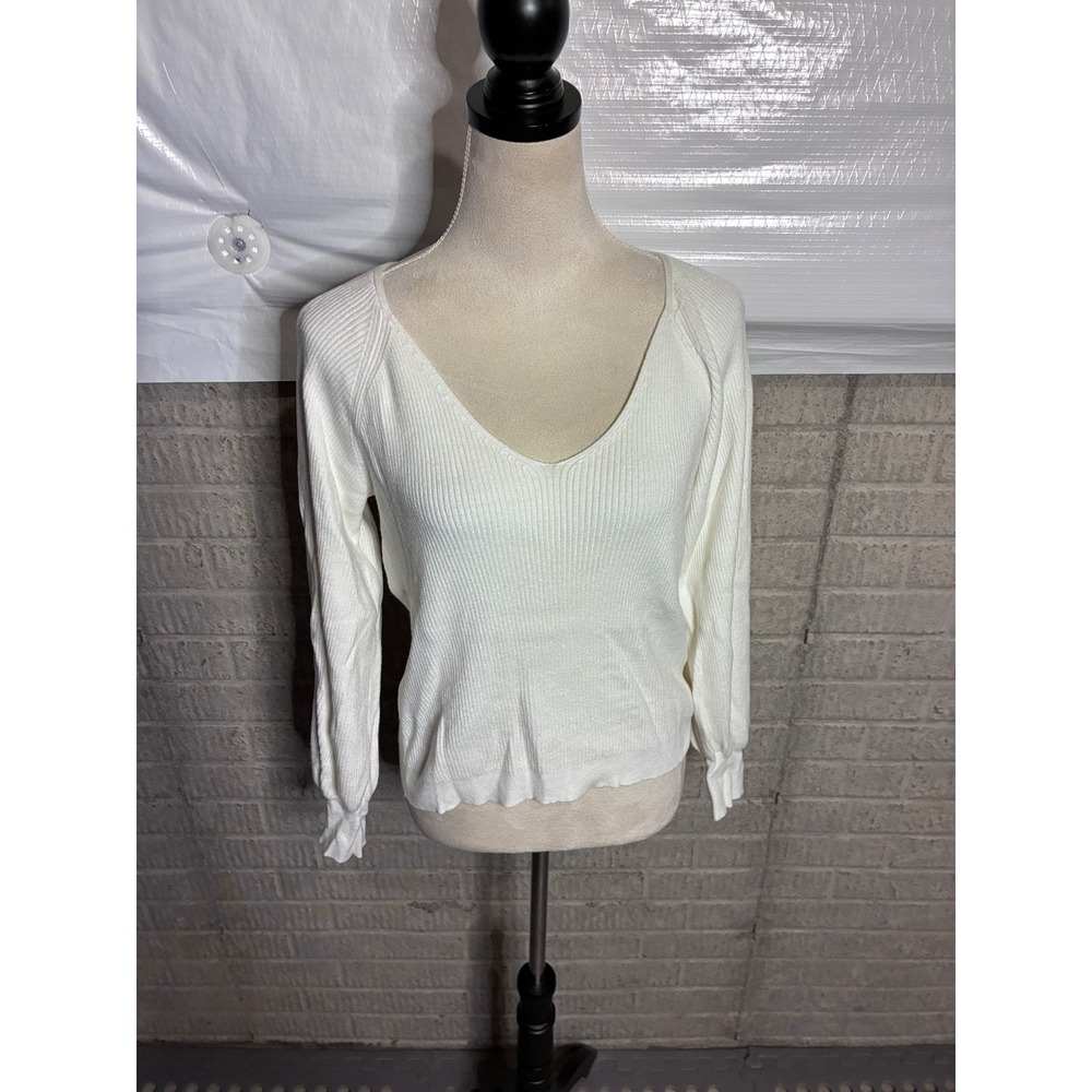 Abercrombie & Fitch Women White Ribbed V-Neck Long Sleeve Knit Sweater Small